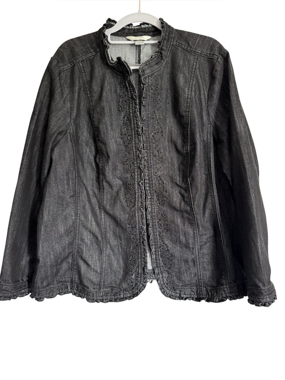 CJ Banks Black Ruffle-Trim Denim Jacket